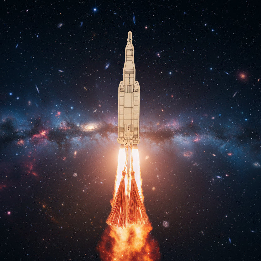 Bookmark in the shape of the SLS rocket that carried four astronauts around the moon.